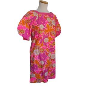 Vtg 70s Hawaiian Floral Phicodelic Pink Dress with Split Bell Sleeves Barkcloth